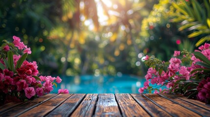 Tropical paradise with blooming flowers and a serene swimming pool, captured in warm sunlight, perfect for a summer getaway background.
