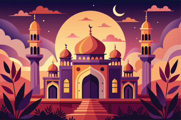 Flat style Mosque isolated on clear background. Vector Illustration. Eid Mubarak greetings. Ramadan Kareem.