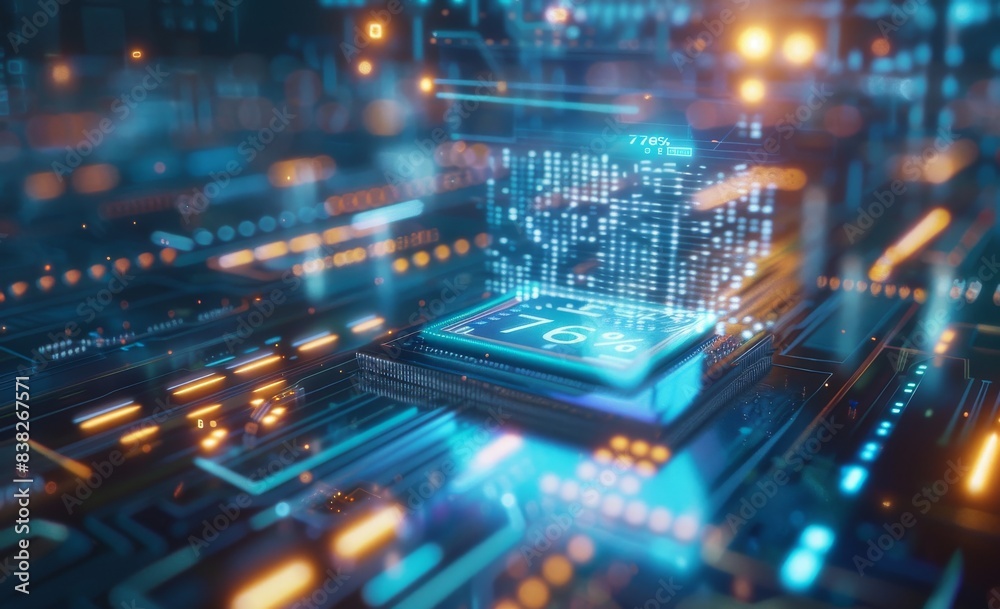 Poster future cpu. quantum processor in computer network. 3d illustration of cyberspace.