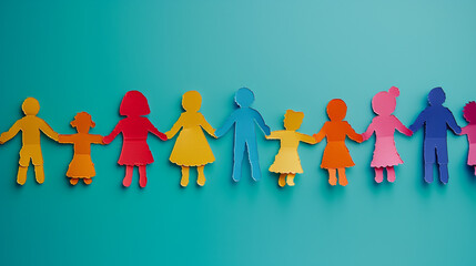 Unity in Diversity. A row of paper cut-out figures in various colors, symbolizing inclusivity and social harmony. 