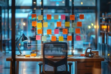A desk in a modern office with a large window and a lot of sticky notes on the glass wall behind it.