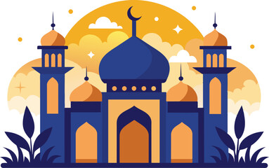 Flat style Mosque isolated on clear background. Vector Illustration. Eid Mubarak greetings. Ramadan Kareem.