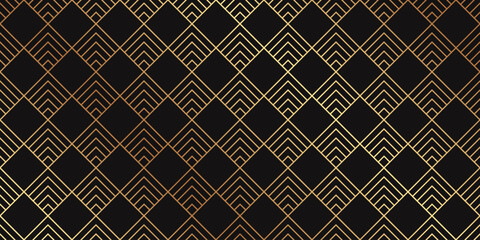 Modern geometric luxury black background with golden lines and rhombuses in art deco style.