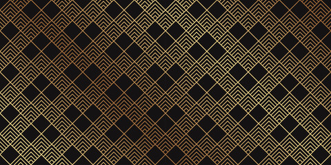 Modern geometric luxury black background with golden lines and rhombuses in art deco style.