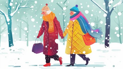 An illustration of two elderly women walking together, dressed in warm winter clothing. The colorful and whimsical design highlights friendship and support in old age.