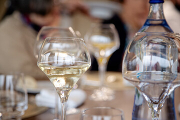 A close-up shot of elegant wine glasses filled with white wine on a dining table, capturing the ambiance of a sophisticated social gathering or dinner party with friends and family.