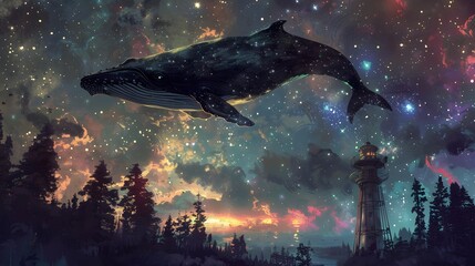 Fototapeta premium An illustration of sharks swimming in the sea and an aquarium, with various marine animals like dolphins, set against a blue underwater backdrop