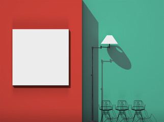Pareti colorate con quadro bianco sedie con lampada © albasu