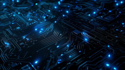 Obraz premium The image is made up of 3D renderings of abstract blue glowing circuit boards with blank copy space at the center that can be utilized for text, logos, or products. Is recommended for Artificial