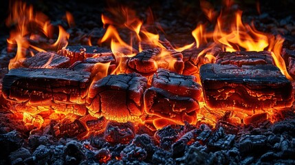 Close-up of glowing embers in a fireplace