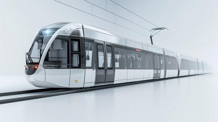 A modern, sleek white tram on a clean track in a minimalistic setting. The tram has large windows and a streamlined design, with overhead electric lines visible. - Powered by Adobe