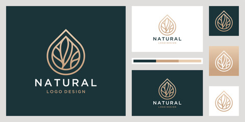 Luxury Drop and leaf vector logo with linear with business card 