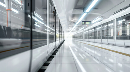 Obraz premium A modern, clean, and empty subway station with sleek white walls and floors. The station features a futuristic design with bright lighting and a train on the platform.