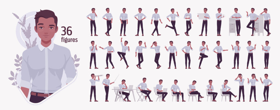 Young dark skinned brunette man, handsome businessman, smart office wear character set, professional business bundle. Cute male work poses, emotions, manager workspace situations. Vector illustration