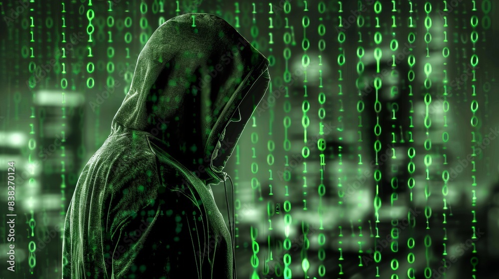 Poster man hacker in a green sports coat with a hooded jacket on his head with a binary code background in 