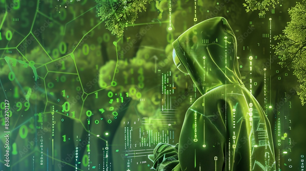 Poster man, hacker in a green sports coat with a hood on his head on a green background with a binary code,