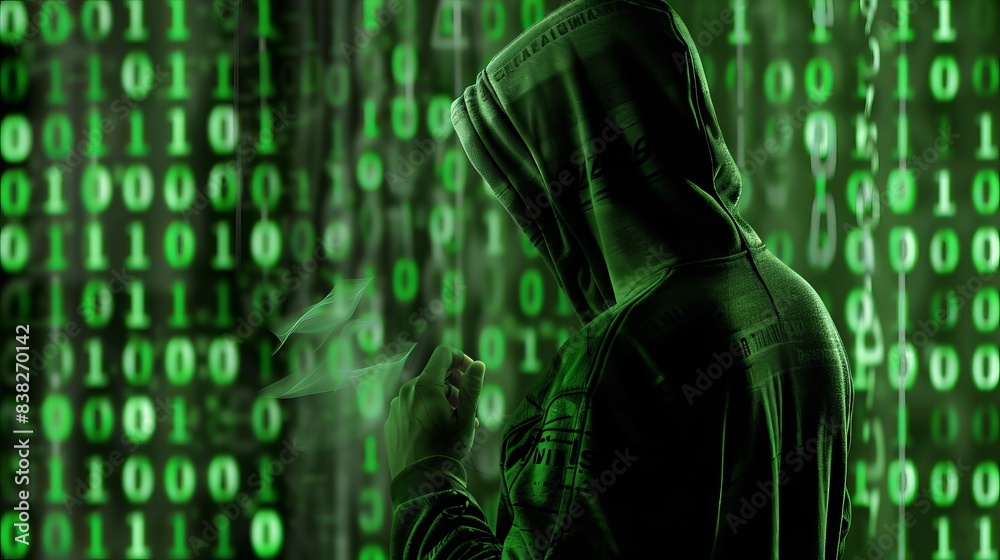Poster man hacker in a green sports coat with a hooded jacket on his head with a binary code background in 