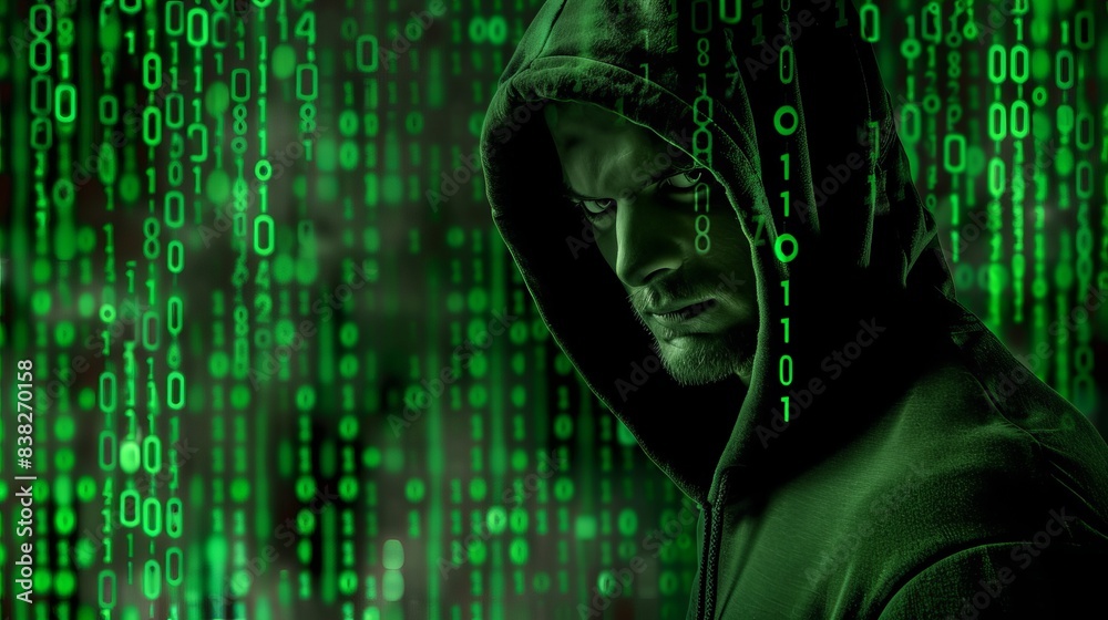 Poster hacker in a dark hooded jacket surrounded binary code background, green color theme