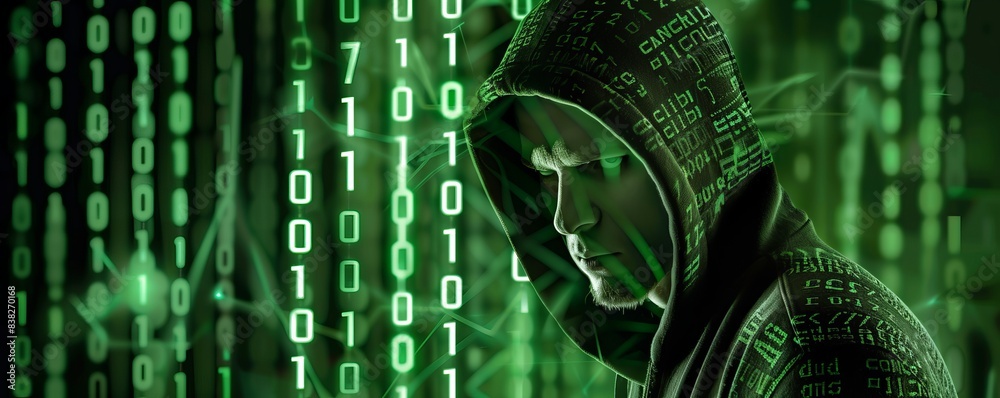 Poster man, hacker in a green sports coat with a hood on his head on a green background with a binary code,