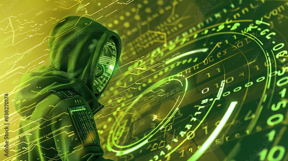 Poster hacker in hood with binary code background, green color theme, representing cyber security and cyber