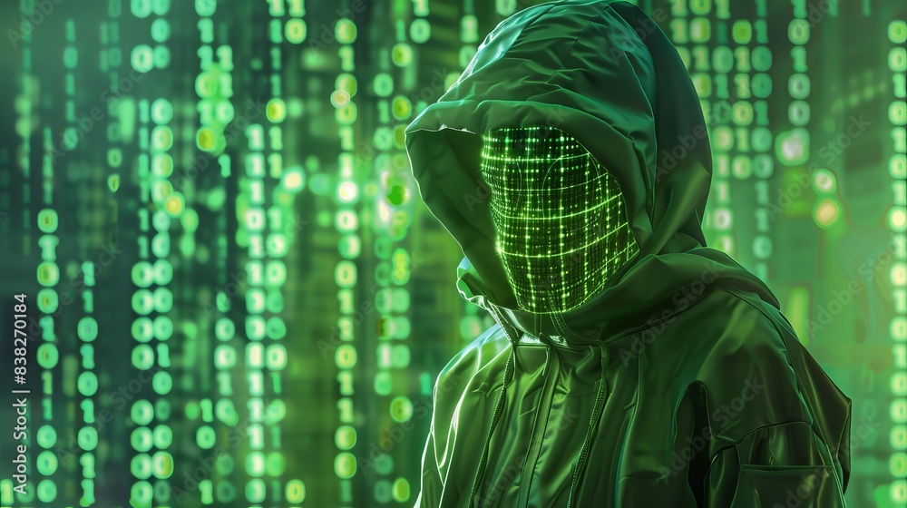 Poster hacker in a dark hooded jacket surrounded by glowing green binary code with cinematic lighting and s