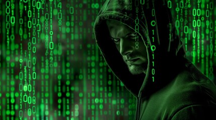 Hacker in a dark hooded jacket surrounded binary code background, green color theme