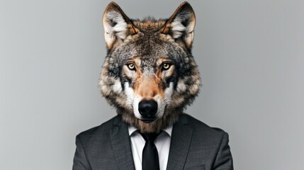 A wolf wearing a formal suit isolated on white background. surreal animal conecpt