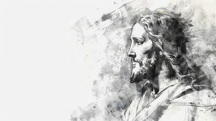 Sketch of Jesus Christ on white background.
