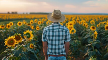 Fototapeta premium pensive young farmer contemplating sunflower harvest at dusk rear view with copy space