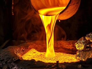 Pouring molten precious metal, amber glow, front view, depicting metallurgical skill, digital tone, Splitcomplementary color scheme