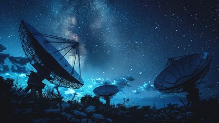  Space satellite dishes that receive signals from outer space with night sky background, radio and frequency wave