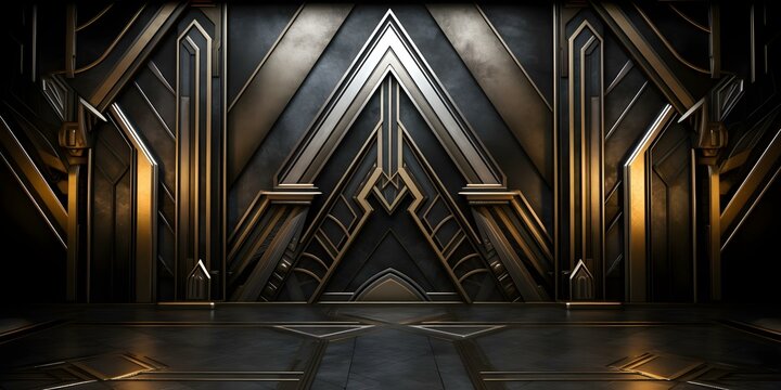 1920s art deco background with geometric shapes in black gold and silver. Concept Art Deco, Geometric Shapes, 1920s Theme, Black, Gold, Silver
