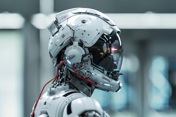 Fototapeta premium Protective gear, advanced chemical resistance, integrated HUD, side view, highlighting innovative technology, cybernetic tone, Complementary Color Scheme