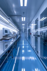 Hightech cleanroom with overhead wafer transfer system in semiconductor production facility