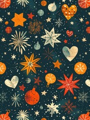 seamless pattern for festive gift wrap paper, vibrant and colorful designs, featuring seasonal motifs like snowflakes, ornaments, fireworks, pumpkins, hearts, high-quality vector illustration