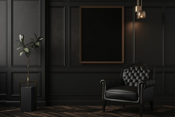 Picture frame mockup in dark tones with leather black armchair and decoration minimal