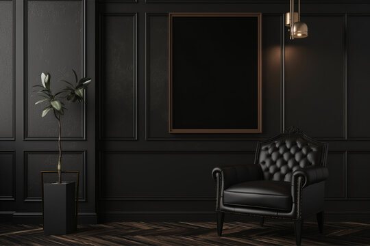 Picture frame mockup in dark tones with leather black armchair and decoration minimal