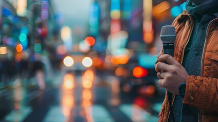 reporter holding microphone live breaking news coverage on city street