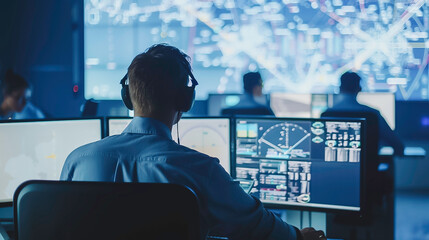 Air Traffic Control Operator Monitoring Flight Data on Multiple Screens in Control Center - Generative AI.