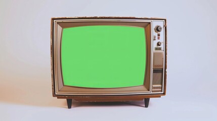 retro television green screen mockup oldfashioned 1970s tv set with a green screen display isolated on white background for video editing vintage technology concept