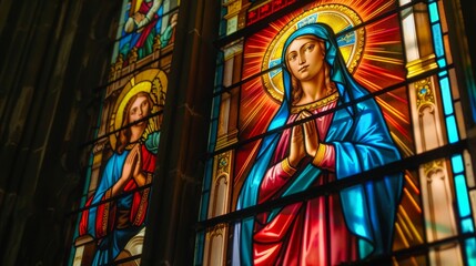 Fototapeta premium Colorful stained glass window with the image of the Virgin Mary.
