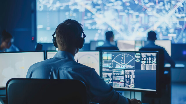 Air Traffic Control Operator Monitoring Flight Data on Multiple Screens in Control Center - Generative AI.