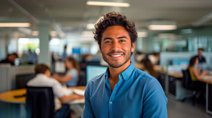 Fototapeta premium Hispanic man, employee, smiling in the office.