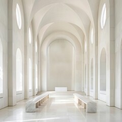 liminal space, white, chapel, benches, arches