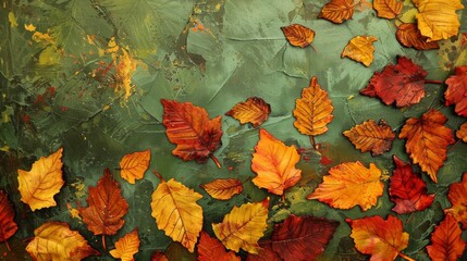 Vibrant autumn leaves painted in warm colors on a green canvas, showcasing the beauty of fall