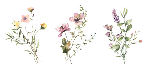 Watercolor Midsummer floral Bouquets collection with hand painted delicate leaves, wildflowers. Romantic floral arrangements perfect for wedding invitation. High quality PNG illustration.