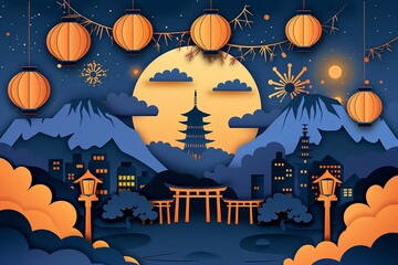 Vector paper cut illustration of Obon celebration in Japan with traditional lanterns and fireworks, night festival scene