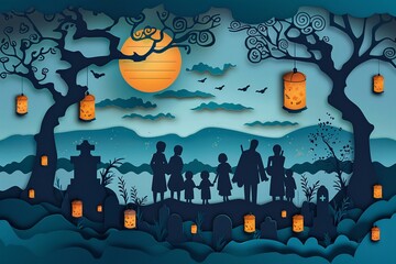 Obon festival vector paper cut art depicting families gathering around graves, with floating lanterns in the background