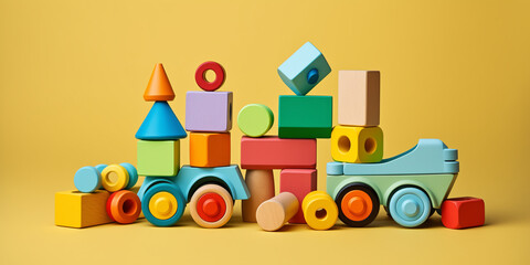 Fototapeta premium cutout setcolorful classic toddler or baby toys of car wheels, geometric cubes. color background