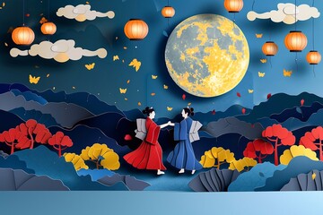 Obon festival vector paper cut art showcasing traditional Bon Odori dance, with colorful lanterns and a full moon